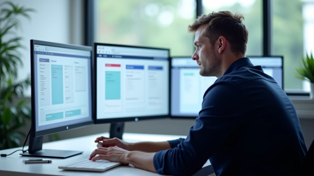 Designer betrachtet responsive Kartenlayouts auf mehreren Monitoren nebeneinander