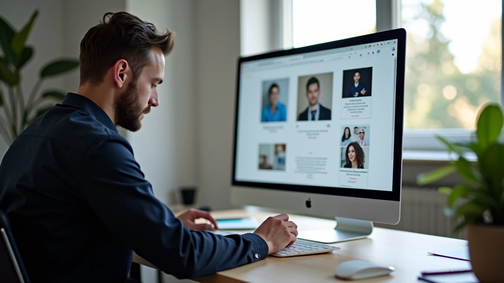 Designer sitzt am Schreibtisch vor einem großen Monitor und arbeitet an Kartenlayouts in einer Designanwendung